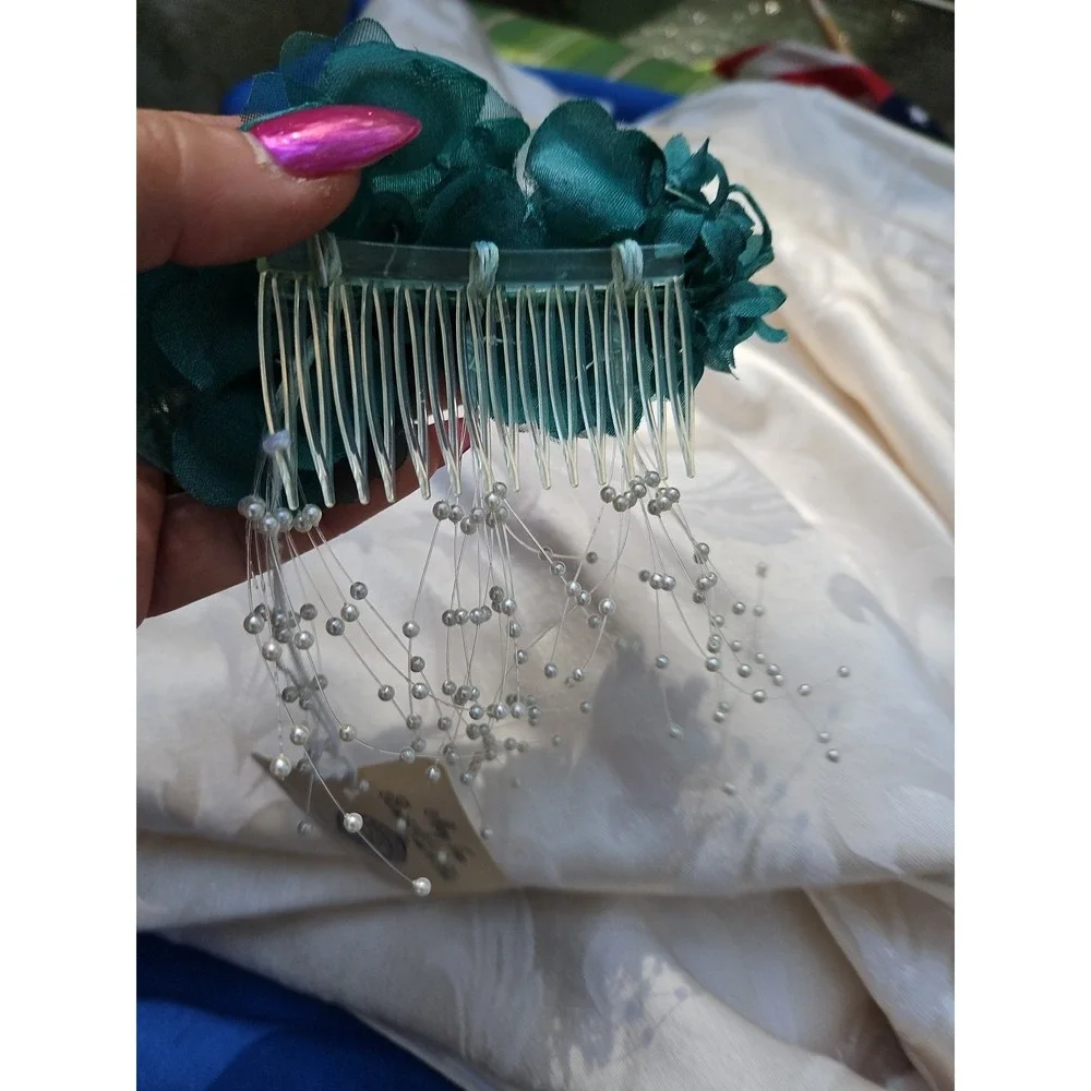 Vintage Hair Comb Teal Flowers Pearls‎ Spray Headpiece Formal Wedding Y2K